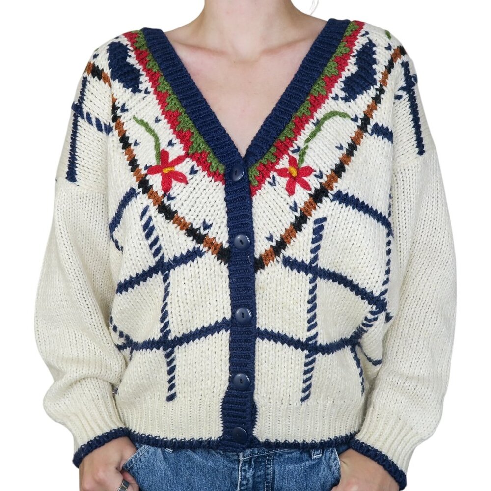 Vintage 80s Floral Heart Cardigan Sweater